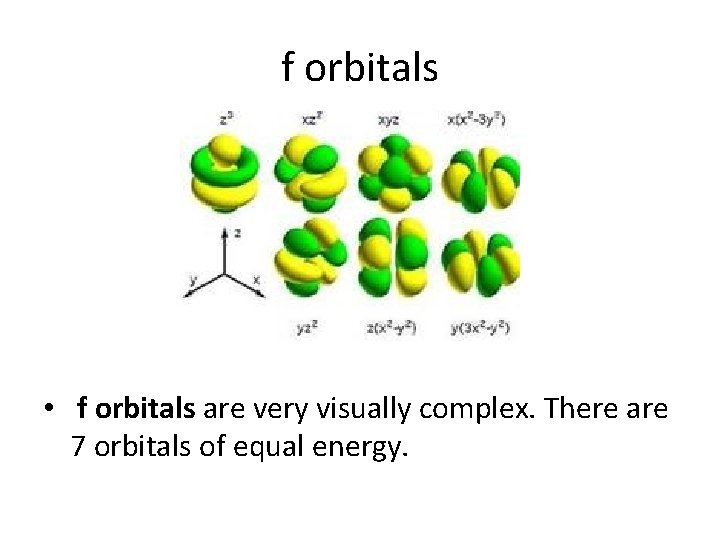 f orbitals • f orbitals are very visually complex. There are 7 orbitals of