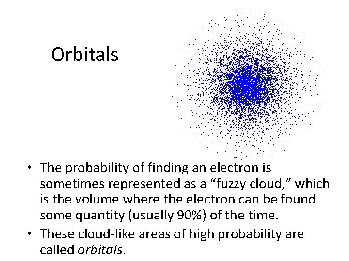 Orbitals • The probability of finding an electron is sometimes represented as a “fuzzy