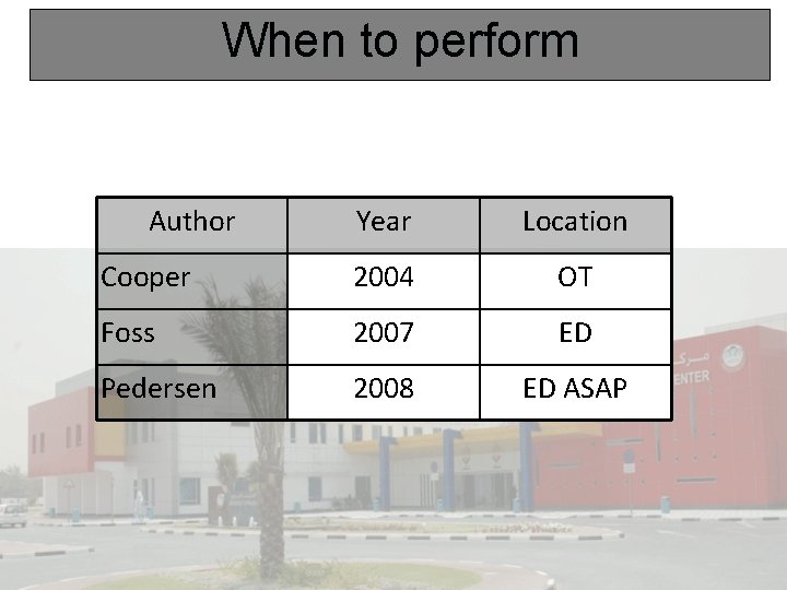 When to perform Author Year Location Cooper 2004 OT Foss 2007 ED Pedersen 2008