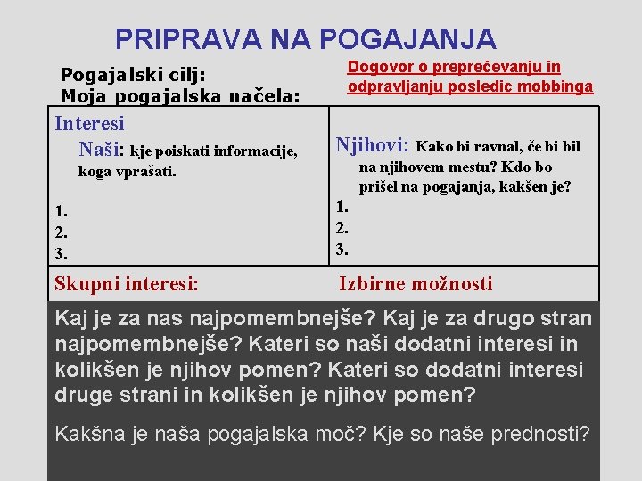 PRIPRAVA NA POGAJANJA Pogajalski cilj: Moja pogajalska načela: Interesi Naši: kje poiskati informacije, Dogovor