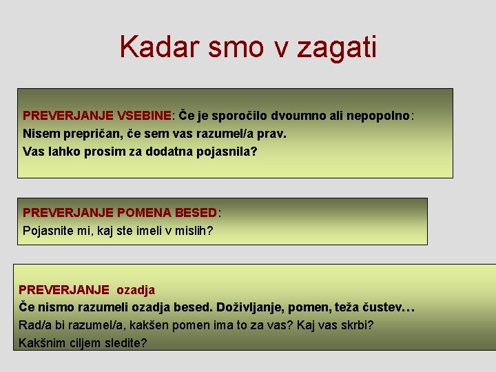 Kadar smo v zagati PREVERJANJE VSEBINE: Če je sporočilo dvoumno ali nepopolno: Nisem prepričan,