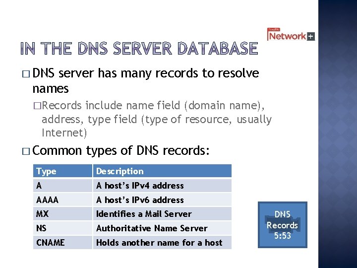 � DNS server has many records to resolve names �Records include name field (domain