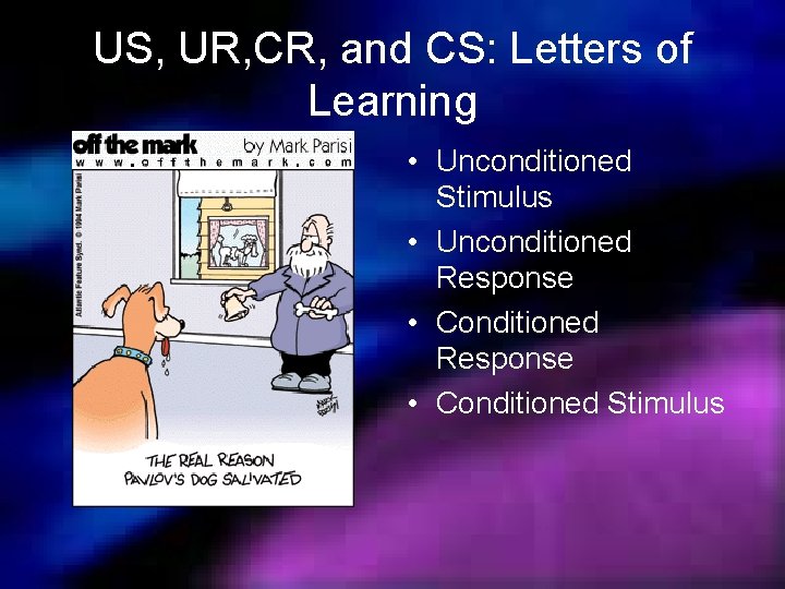 US, UR, CR, and CS: Letters of Learning • Unconditioned Stimulus • Unconditioned Response