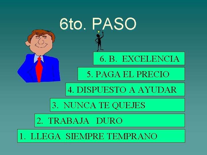 6 to. PASO 6. B. EXCELENCIA 5. PAGA EL PRECIO 4. DISPUESTO A AYUDAR