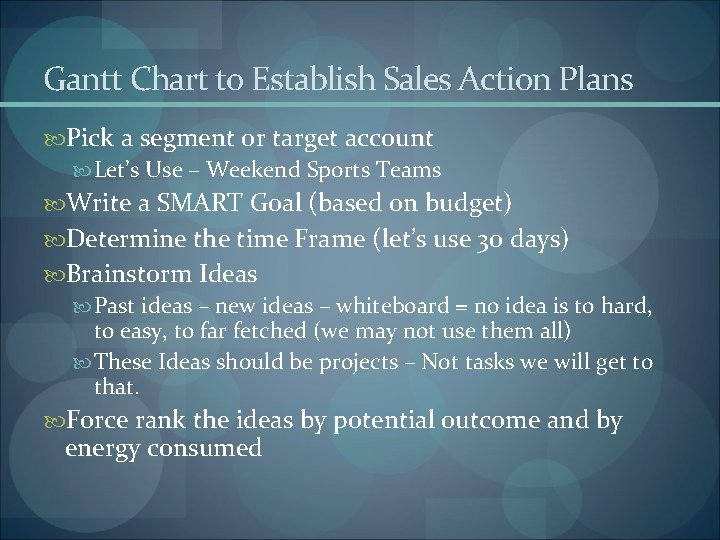 Gantt Chart to Establish Sales Action Plans Pick a segment or target account Let’s