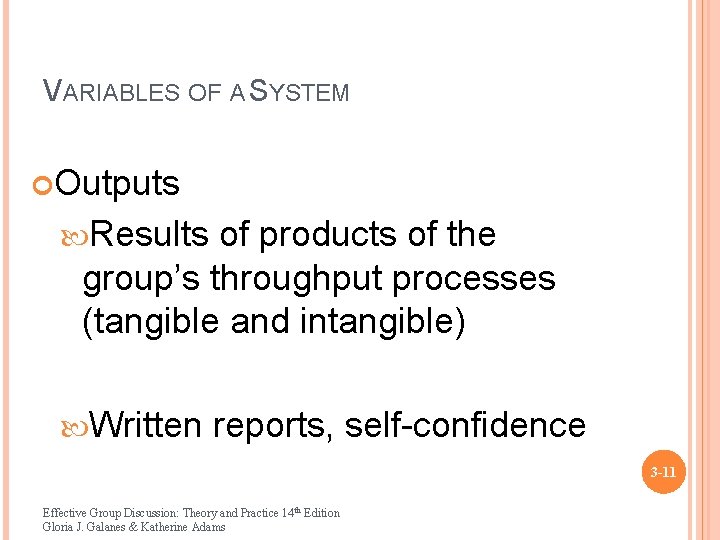 VARIABLES OF A SYSTEM Outputs Results of products of the group’s throughput processes (tangible