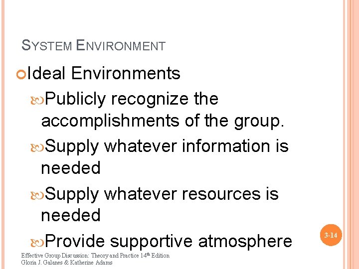 SYSTEM ENVIRONMENT Ideal Environments Publicly recognize the accomplishments of the group. Supply whatever information