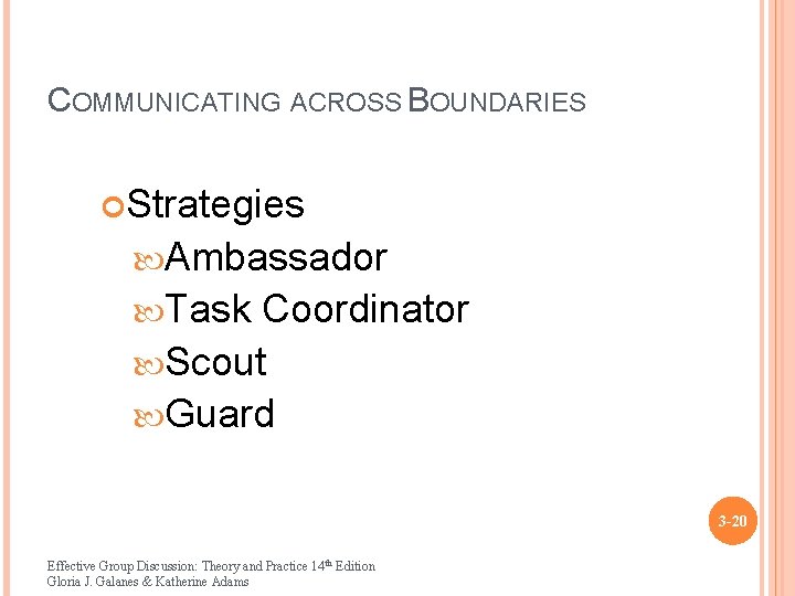 COMMUNICATING ACROSS BOUNDARIES Strategies Ambassador Task Coordinator Scout Guard 3 -20 Effective Group Discussion: