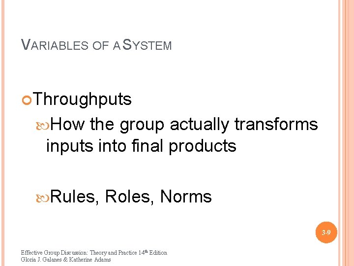 VARIABLES OF A SYSTEM Throughputs How the group actually transforms inputs into final products