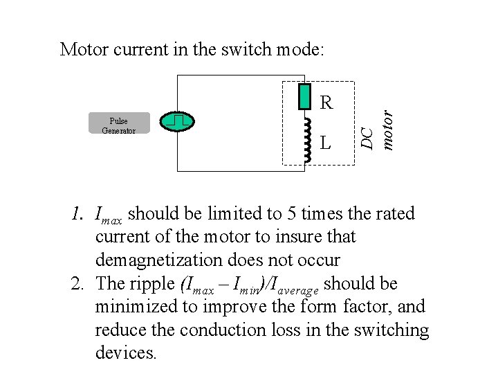 R Pulse Generator L DC motor Motor current in the switch mode: 1. Imax