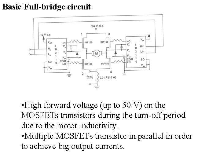 Basic Full-bridge circuit • High forward voltage (up to 50 V) on the MOSFETs