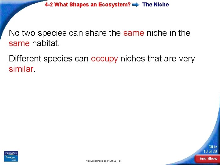 4 -2 What Shapes an Ecosystem? The Niche No two species can share the