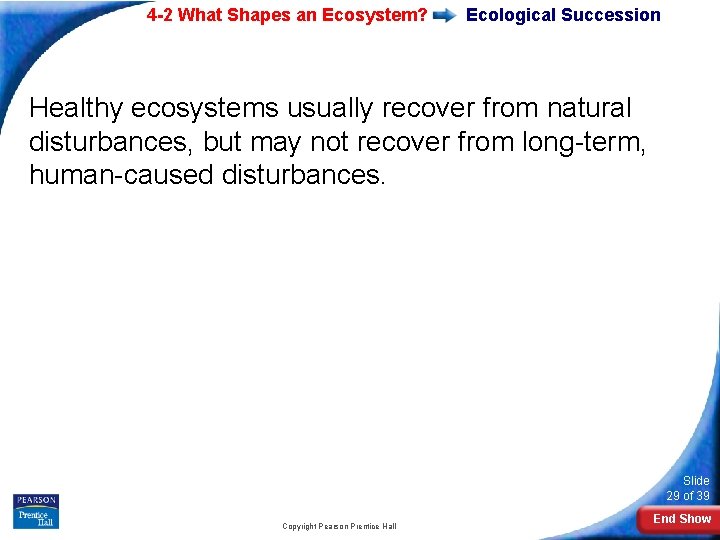 4 -2 What Shapes an Ecosystem? Ecological Succession Healthy ecosystems usually recover from natural