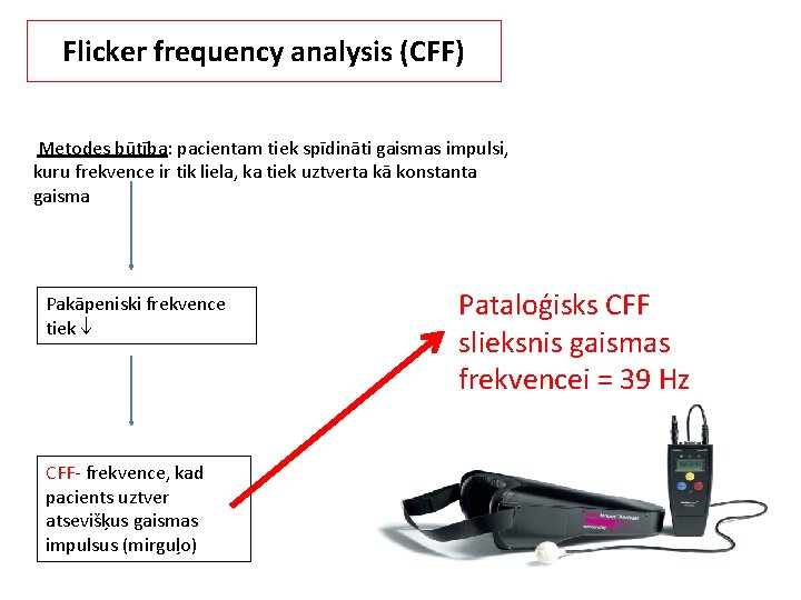 Flicker frequency analysis (CFF) Metodes būtība: pacientam tiek spīdināti gaismas impulsi, kuru frekvence ir