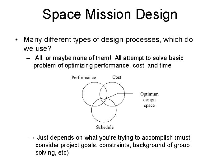 Space Mission Design • Many different types of design processes, which do we use?