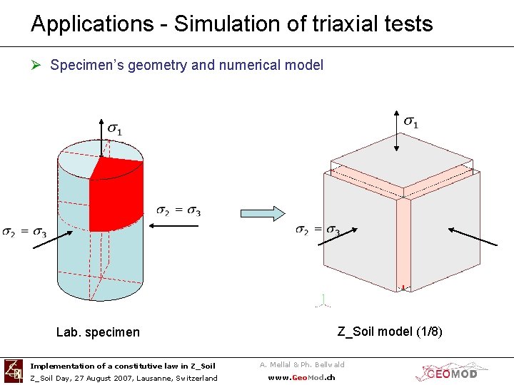 Applications - Simulation of triaxial tests Ø Specimen’s geometry and numerical model Z_Soil model