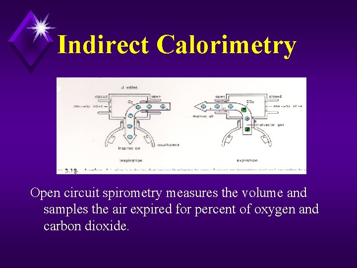 Indirect Calorimetry Open circuit spirometry measures the volume and samples the air expired for