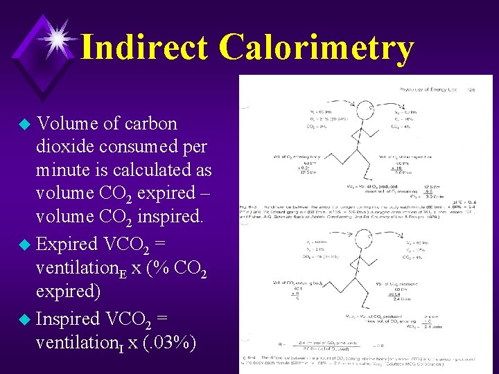 Indirect Calorimetry u Volume of carbon dioxide consumed per minute is calculated as volume