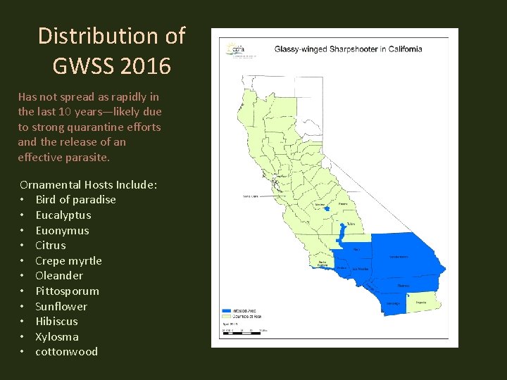 Distribution of GWSS 2016 Has not spread as rapidly in the last 10 years—likely