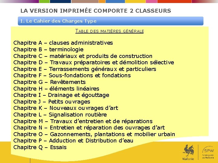 LA VERSION IMPRIMÉE COMPORTE 2 CLASSEURS 1. Le Cahier des Charges Type TABLE DES LA VERSION IMPRIMÉE COMPORTE 2 CLASSEURS 1. Le Cahier des Charges Type TABLE DES