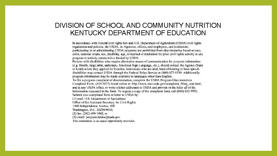 DIVISION OF SCHOOL AND COMMUNITY NUTRITION KENTUCKY DEPARTMENT OF EDUCATION 