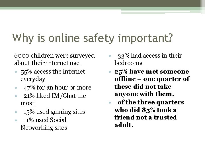 Why is online safety important? 6000 children were surveyed about their internet use. •