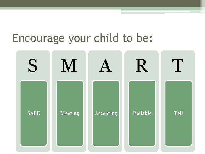 Encourage your child to be: S M A R T SAFE Meeting Accepting Reliable