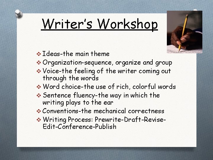 Writer’s Workshop v Ideas-the main theme v Organization-sequence, organize and group v Voice-the feeling