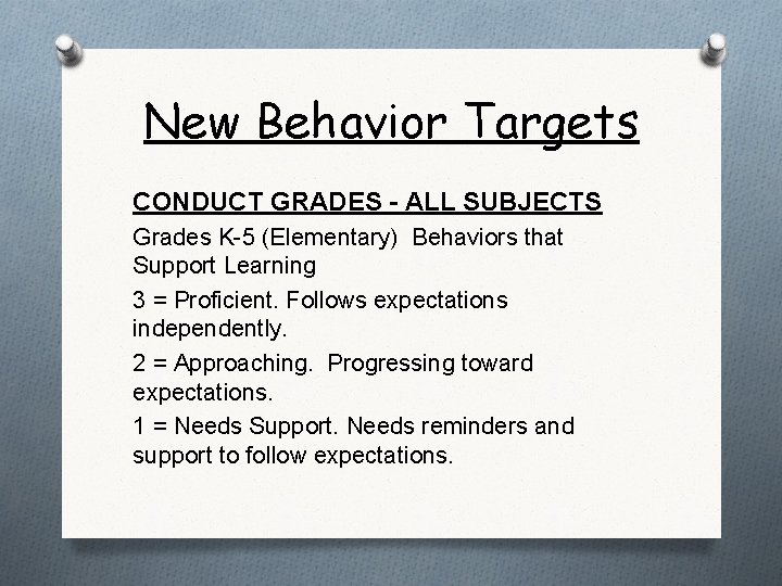 New Behavior Targets CONDUCT GRADES - ALL SUBJECTS Grades K-5 (Elementary) Behaviors that Support