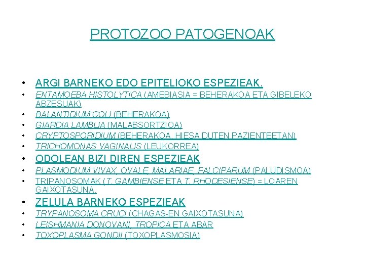 PROTOZOO PATOGENOAK • ARGI BARNEKO EDO EPITELIOKO ESPEZIEAK. • • • ENTAMOEBA HISTOLYTICA (AMEBIASIA