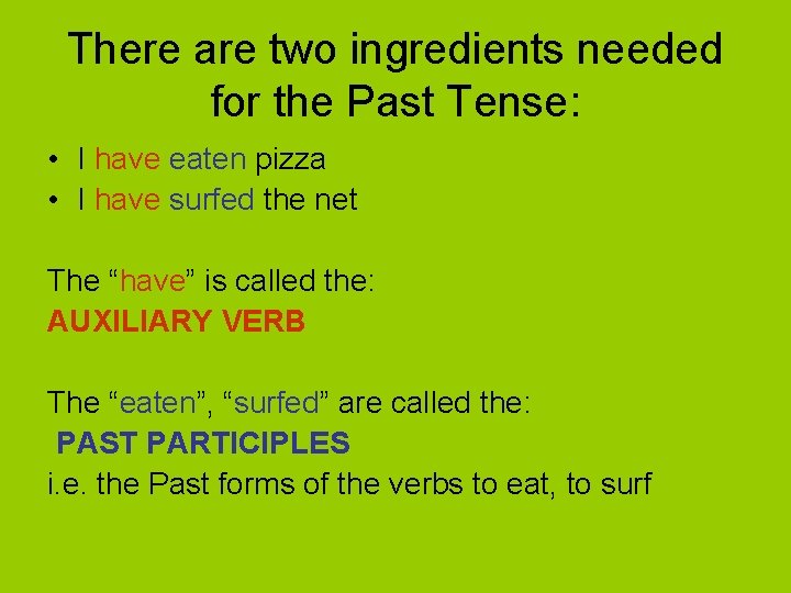 There are two ingredients needed for the Past Tense: • I have eaten pizza