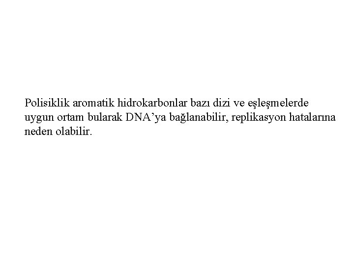 Polisiklik aromatik hidrokarbonlar bazı dizi ve eşleşmelerde uygun ortam bularak DNA’ya bağlanabilir, replikasyon hatalarına