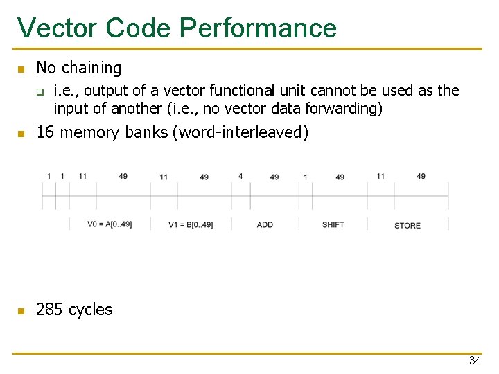 Vector Code Performance n No chaining q i. e. , output of a vector