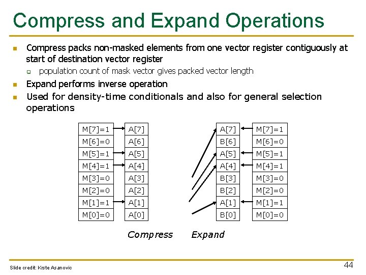 Compress and Expand Operations n Compress packs non-masked elements from one vector register contiguously