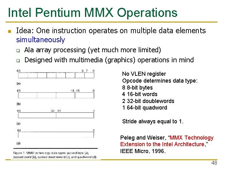 Intel Pentium MMX Operations n Idea: One instruction operates on multiple data elements simultaneously