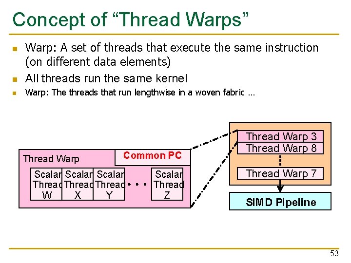 Concept of “Thread Warps” n Warp: A set of threads that execute the same