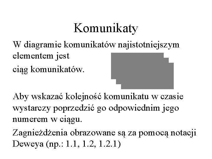 Komunikaty W diagramie komunikatów najistotniejszym elementem jest ciąg komunikatów. Aby wskazać kolejność komunikatu w