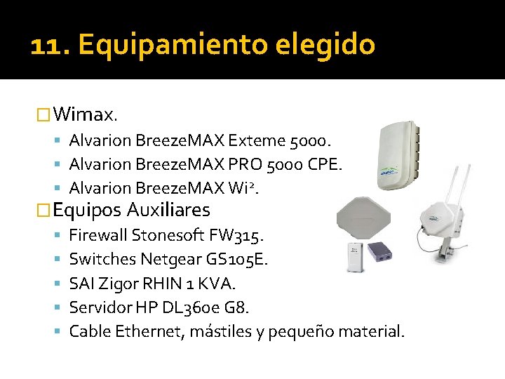 11. Equipamiento elegido �Wimax. Alvarion Breeze. MAX Exteme 5000. Alvarion Breeze. MAX PRO 5000