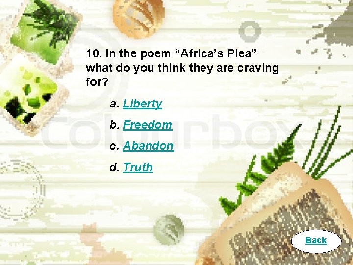 10. In the poem “Africa’s Plea” what do you think they are craving for?