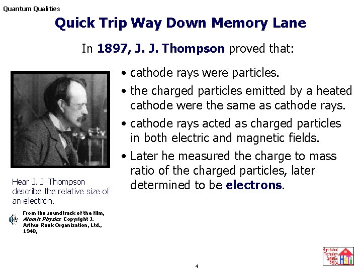 Quantum Qualities Quick Trip Way Down Memory Lane In 1897, J. J. Thompson proved Quantum Qualities Quick Trip Way Down Memory Lane In 1897, J. J. Thompson proved
