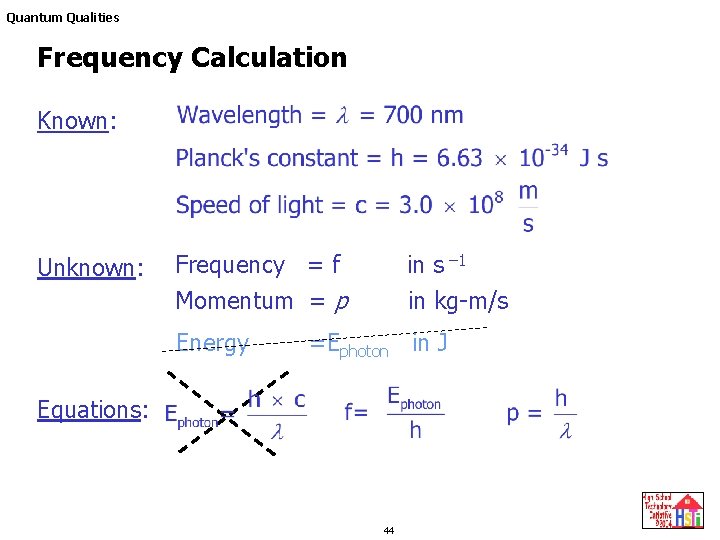Quantum Qualities Frequency Calculation Known: Unknown: Frequency = f Momentum = p Energy in Quantum Qualities Frequency Calculation Known: Unknown: Frequency = f Momentum = p Energy in