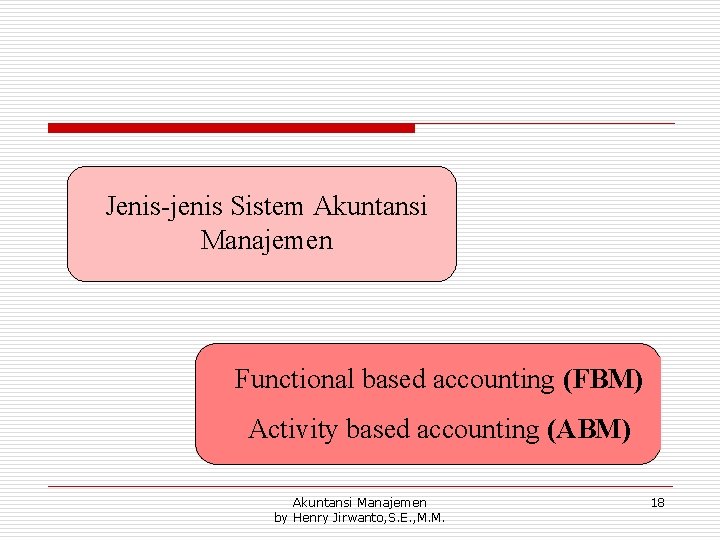 Jenis-jenis Sistem Akuntansi Manajemen Functional based accounting (FBM) Activity based accounting (ABM) Akuntansi Manajemen