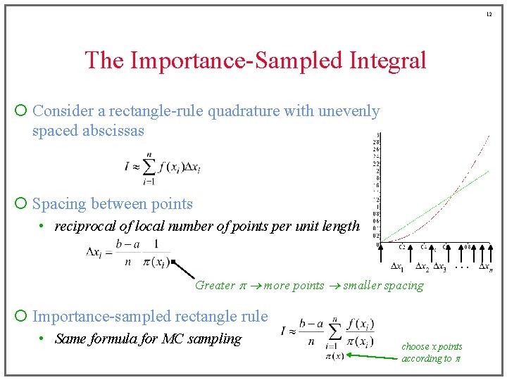 12 The Importance-Sampled Integral ¡ Consider a rectangle-rule quadrature with unevenly spaced abscissas ¡