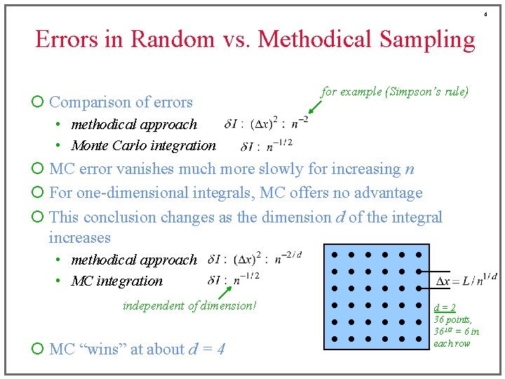 6 Errors in Random vs. Methodical Sampling ¡ Comparison of errors for example (Simpson’s