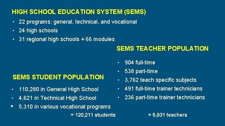 HIGH SCHOOL EDUCATION SYSTEM (SEMS) • 22 programs: general, technical, and vocational • 24