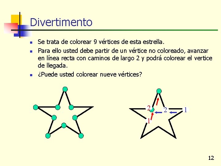 Divertimento n n n Se trata de colorear 9 vértices de esta estrella. Para