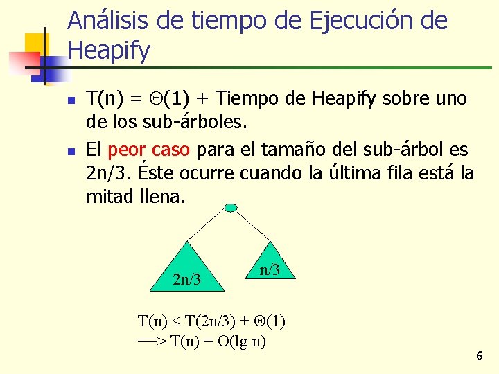 Análisis de tiempo de Ejecución de Heapify n n T(n) = (1) + Tiempo