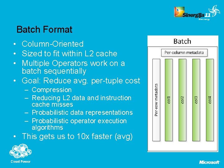 Batch Format • Column-Oriented • Sized to fit within L 2 cache • Multiple