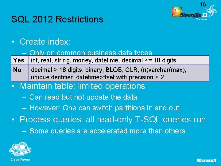 15 SQL 2012 Restrictions • Create index: – Only on common business data types