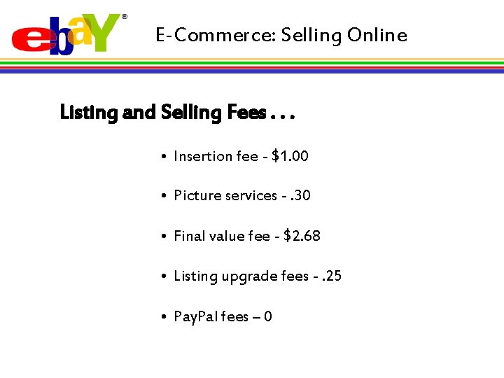 E-Commerce: Selling Online Listing and Selling Fees. . . • Insertion fee - $1.